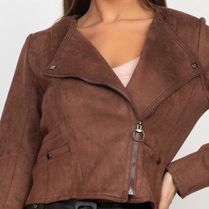 Cropped Zip-up Moto Suede Jacket | Brown